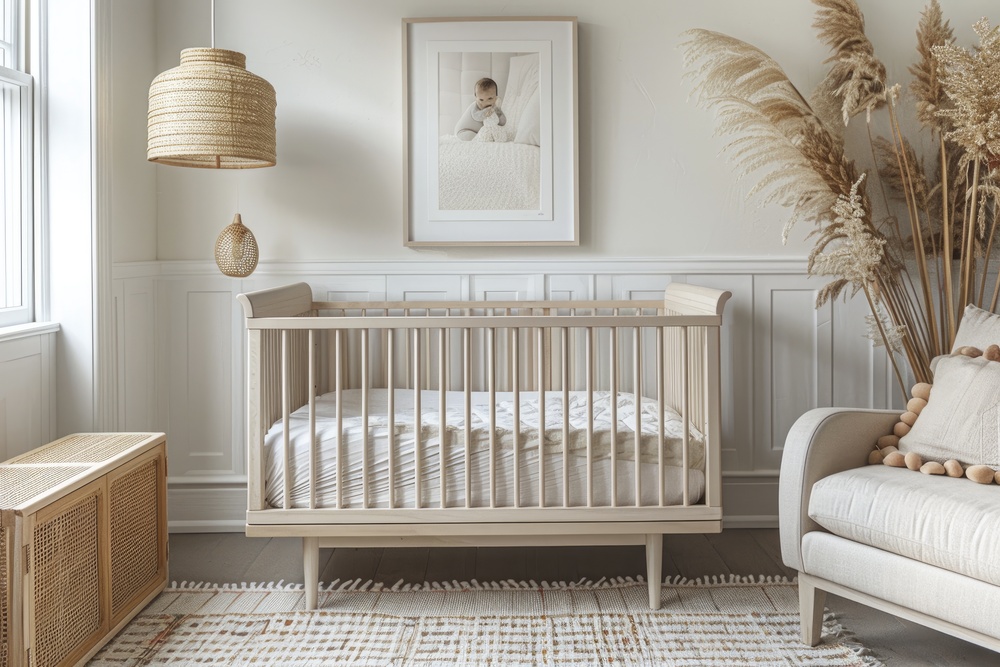 Habitación de bebé con cuna convertible en madera clara, decoración en tonos naturales y detalles como lámparas tejidas y alfombras, creando un espacio acogedor y funcional.